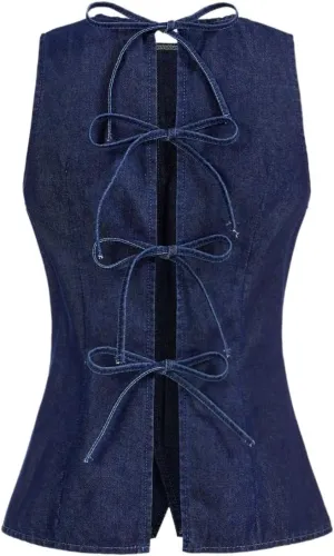 Milumia Women's Button Front Denim Vest Sleeveless Crew Neck Tie Back Tank Tops
