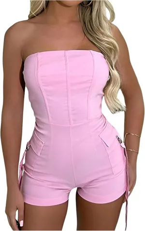 Milumia Women's Sexy Strapless Romper Unitard Bodycon Tube Shorts Jumpsuit with Pocket