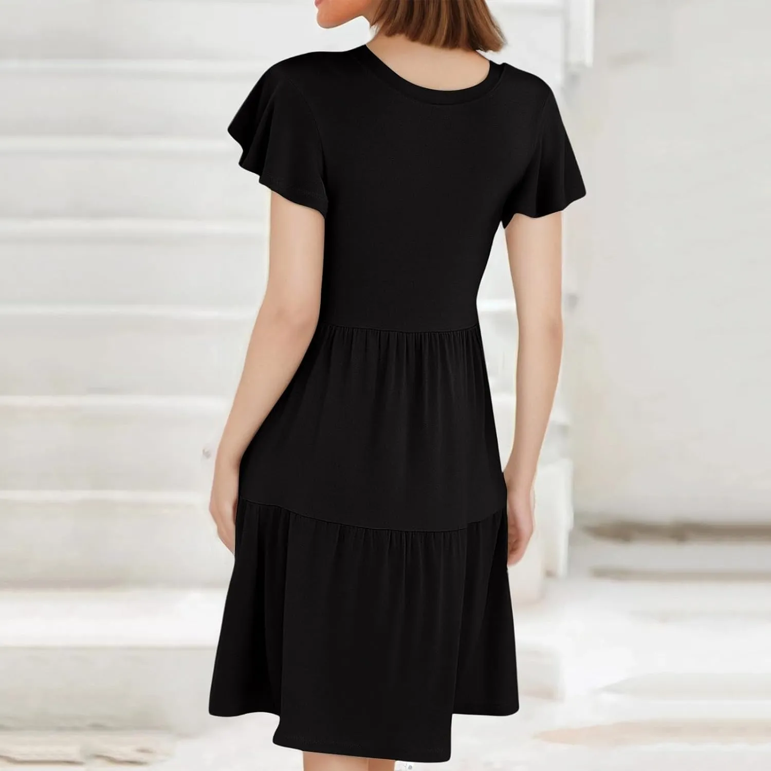 Mini Dresses for Women Tiered Crewneck Ruffle Short Sleeve Dress Summer Casual Loose Fit Beach Vacation Dresses