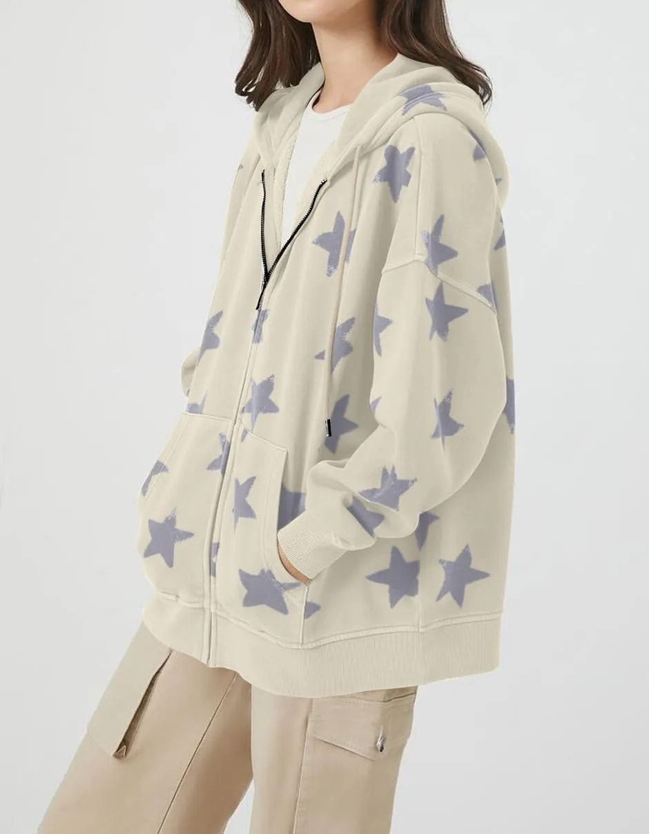 MISSACTIVER Women Star Graphic Zip Up Hoodies Y2k Drawstring Star Print Sweatshirt Oversized Jackets with Slant Front Pocket