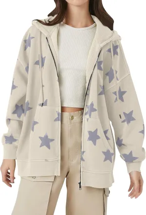 MISSACTIVER Women Star Graphic Zip Up Hoodies Y2k Drawstring Star Print Sweatshirt Oversized Jackets with Slant Front Pocket