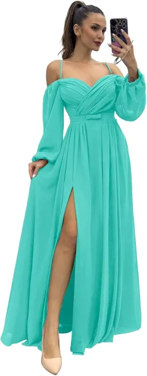 Monlity Women's Spaghetti Straps Prom Dress with Long Sleeves Chiffon Bridesmaid Dresses with Slit Formal Evening Gown