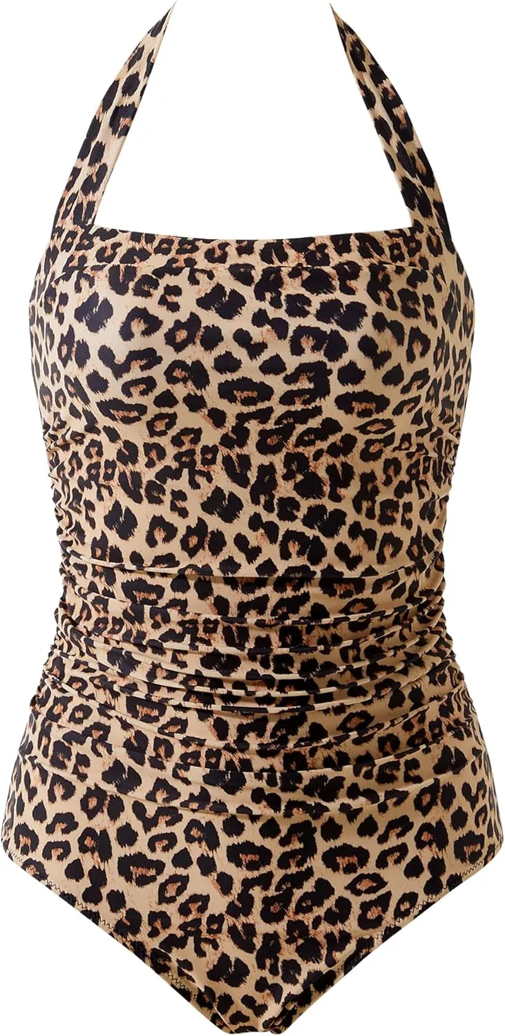 MOOSLOVER Women Retro Halter One Piece Swimsuit Slimming Tummy Control Bathing Suit