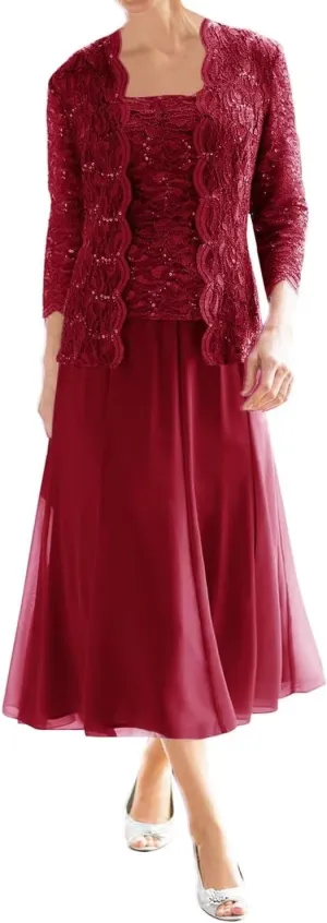 Mother of The Bride Dresses for Wedding Tea Length Lace Chiffon Formal Dress 2 Piece Grandmother Dresses with Jackets