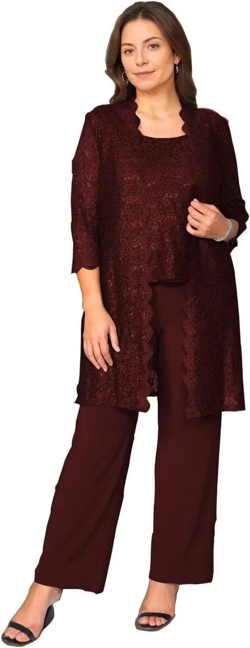 Mother of The Bride Pants Suit for Women 3 Pieces Laces Formal Pantsuits for Wedding Guest with Jackets
