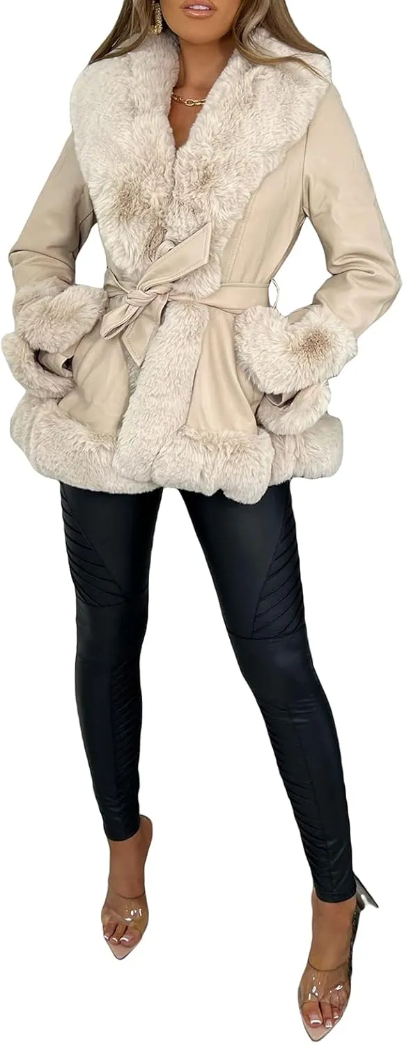 Mtsebmves Women's Faux Shearing Jacket Thick Lined Parka Winter Shearling Coat Leather Jacket Lapel Zipper Jackets