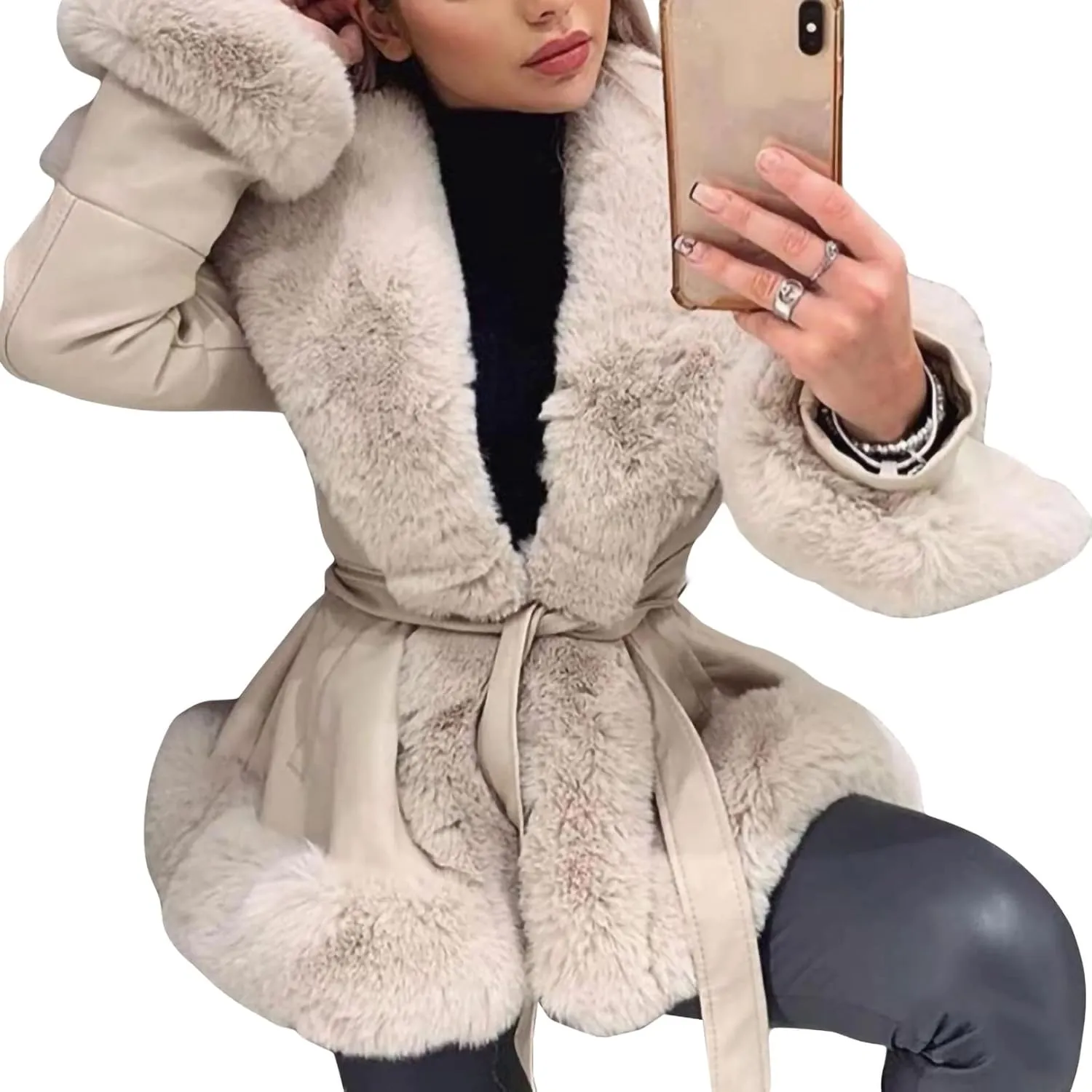 Mtsebmves Women's Faux Shearing Jacket Thick Lined Parka Winter Shearling Coat Leather Jacket Lapel Zipper Jackets