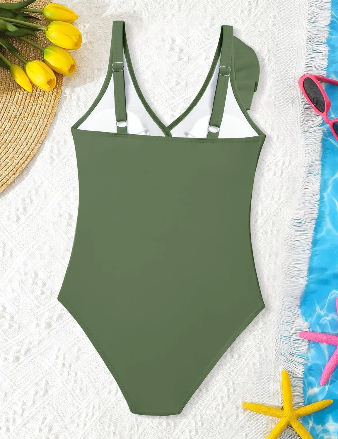 NAPU Girls Swimsuit Ruffle V Neck One Piece Swimsuits Ruched Solid Bathing Suit for Girls Quick Dry Beach Swimwear 9-16 Years