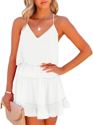 Newffr Womens V Neck Summer Dress Sleeveless Mini Dress Ruffle Dress Spaghetti Strap Racerback Sun Flowy Dress