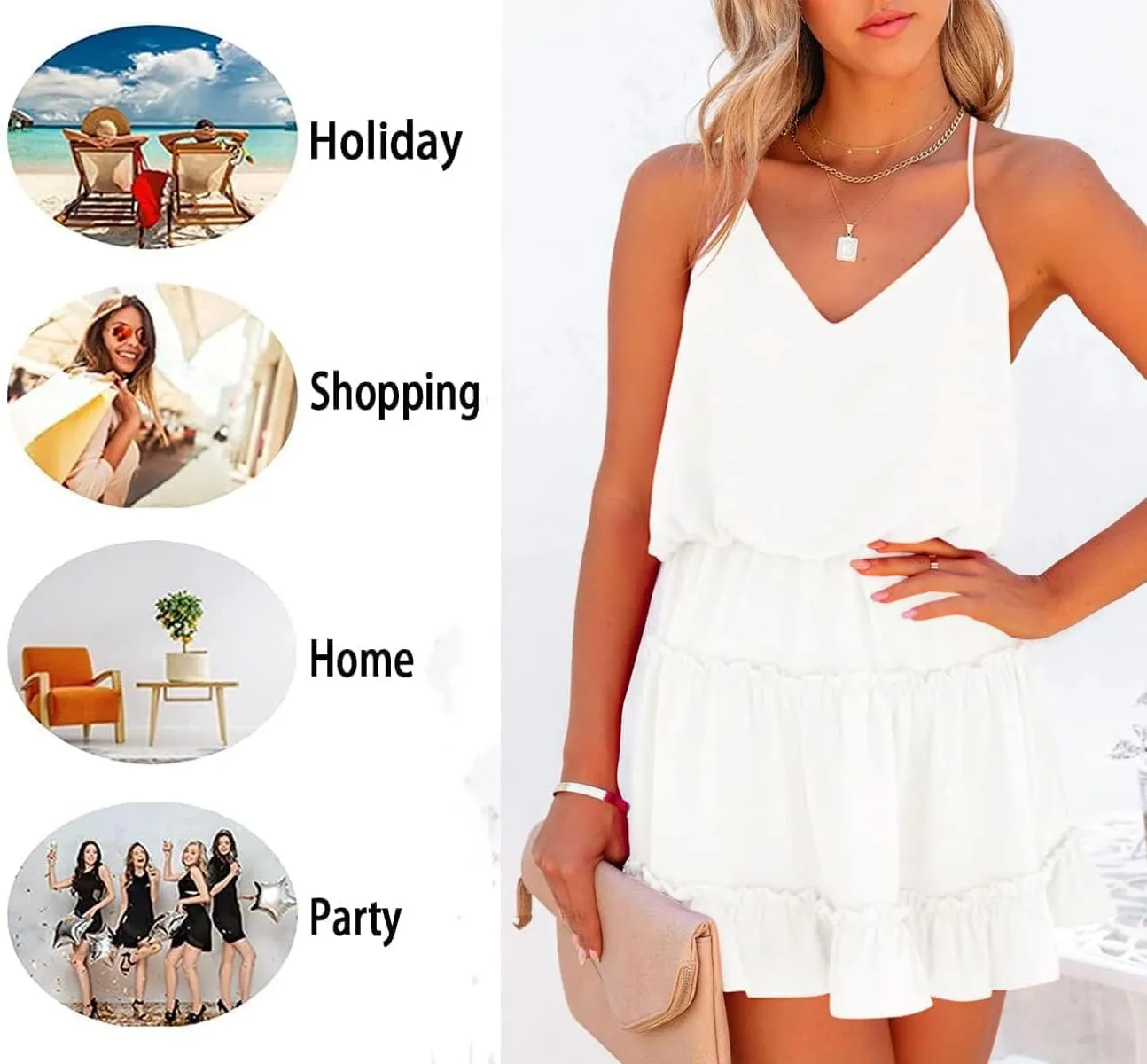 Newffr Womens V Neck Summer Dress Sleeveless Mini Dress Ruffle Dress Spaghetti Strap Racerback Sun Flowy Dress