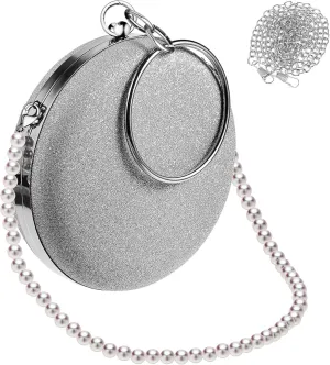 NOLITOY Elegant Silver Handbag Set Round Clutch Purses Detachable Pearl Chains for Women