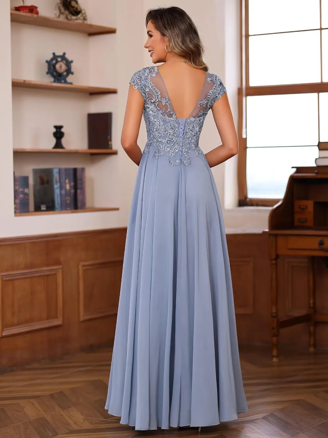 Noras dress Women's Lace Applique Mother of The Bride Dress Cap Sleeves Round Neck Evening Gown NO195