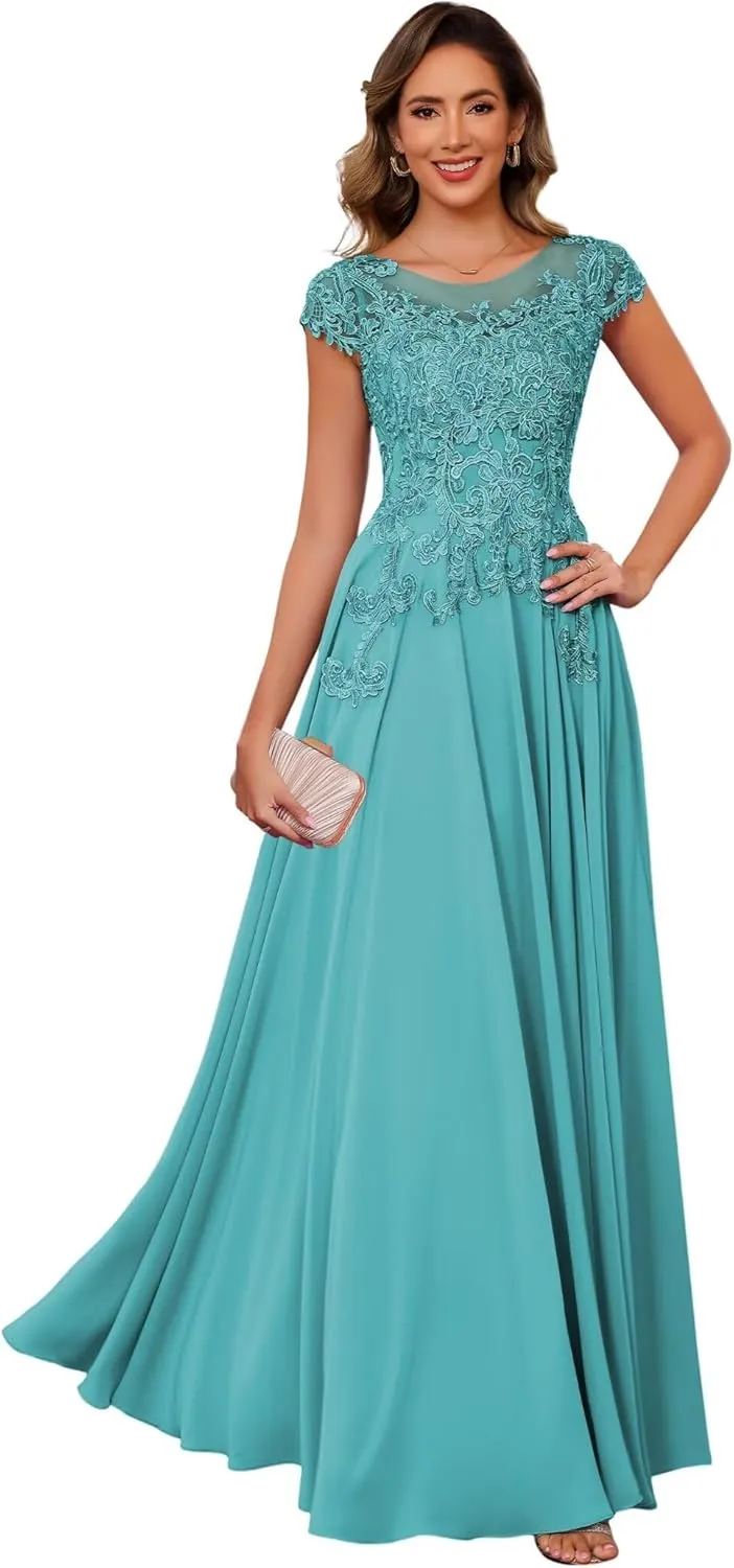 Noras dress Women's Lace Applique Mother of The Bride Dress Cap Sleeves Round Neck Evening Gown NO195