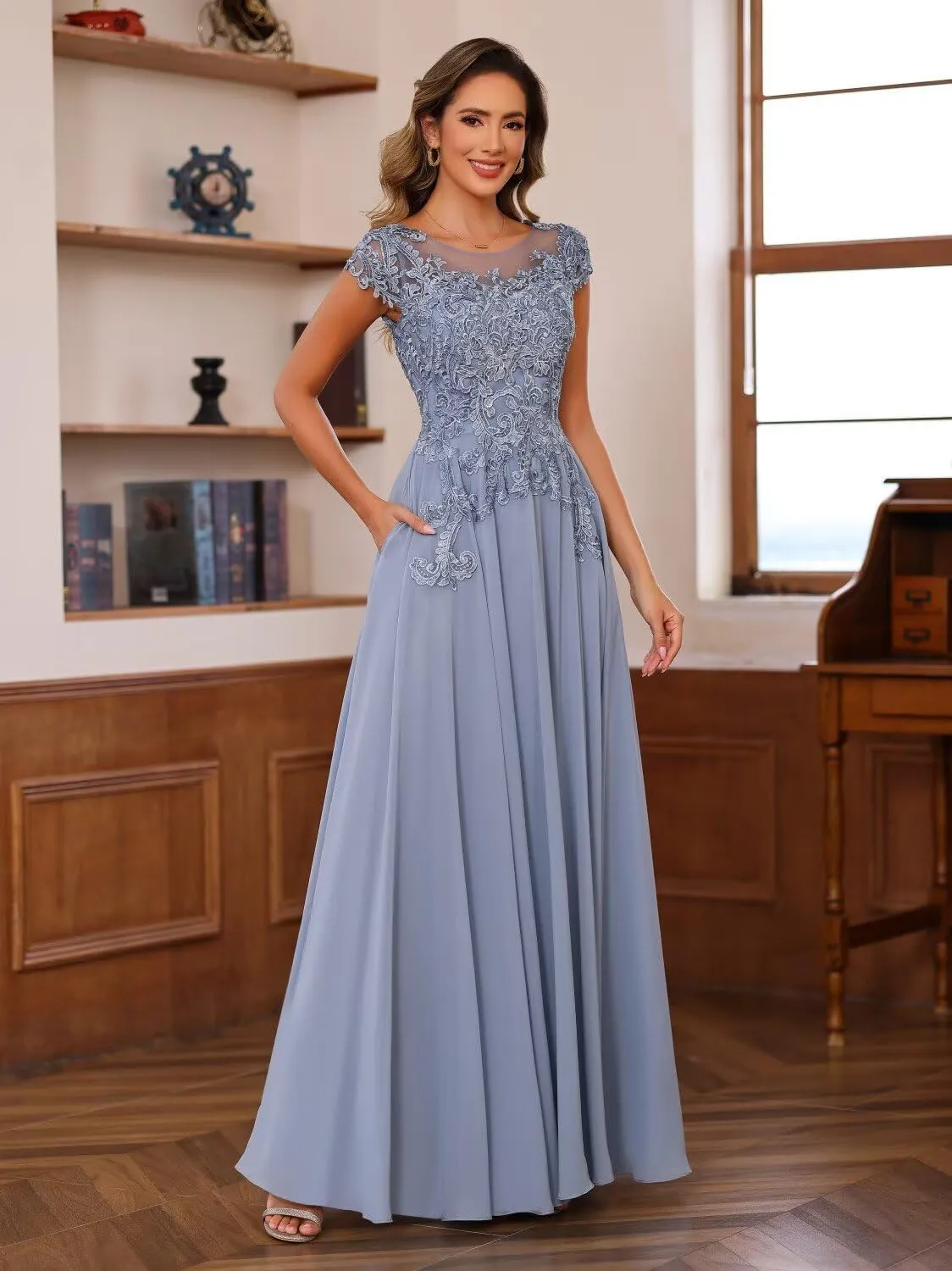 Noras dress Women's Lace Applique Mother of The Bride Dress Cap Sleeves Round Neck Evening Gown NO195
