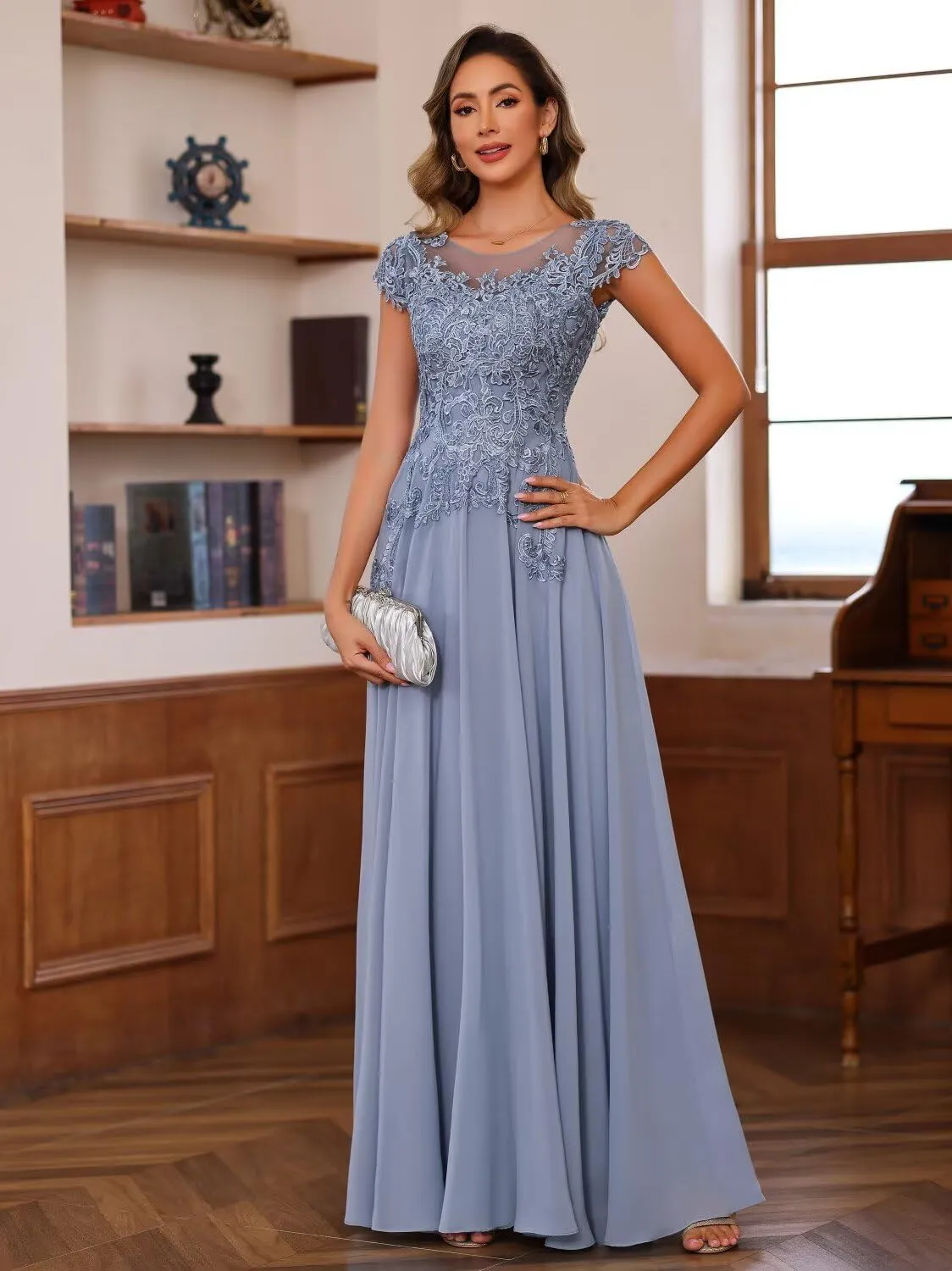 Noras dress Women's Lace Applique Mother of The Bride Dress Cap Sleeves Round Neck Evening Gown NO195