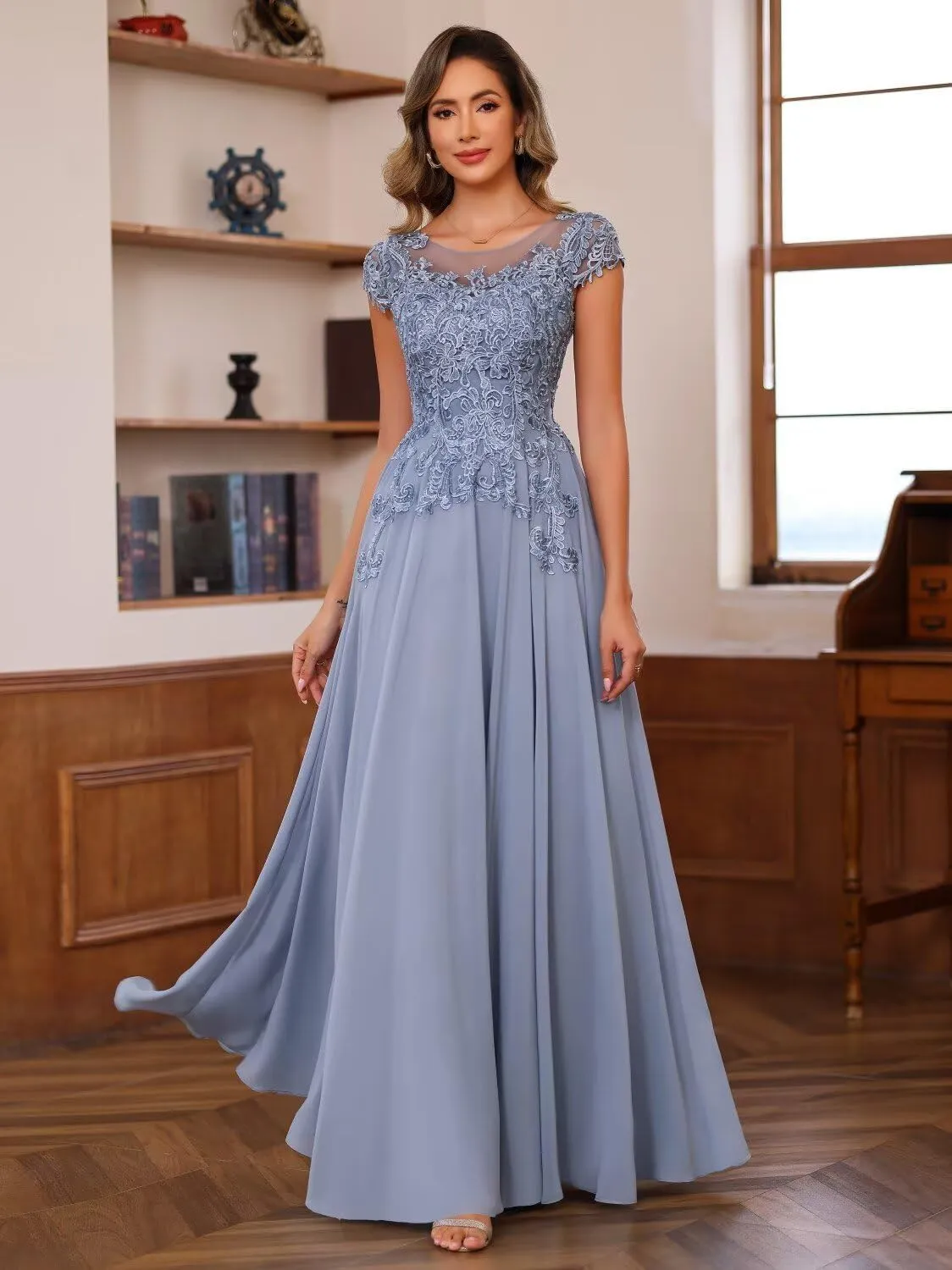 Noras dress Women's Lace Applique Mother of The Bride Dress Cap Sleeves Round Neck Evening Gown NO195