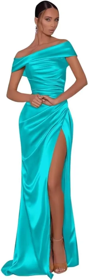 Off Shoulder Prom Dresses for Women Satin Long Mermaid 2024 Floor Length Formal Evening Party Gowns with Slit