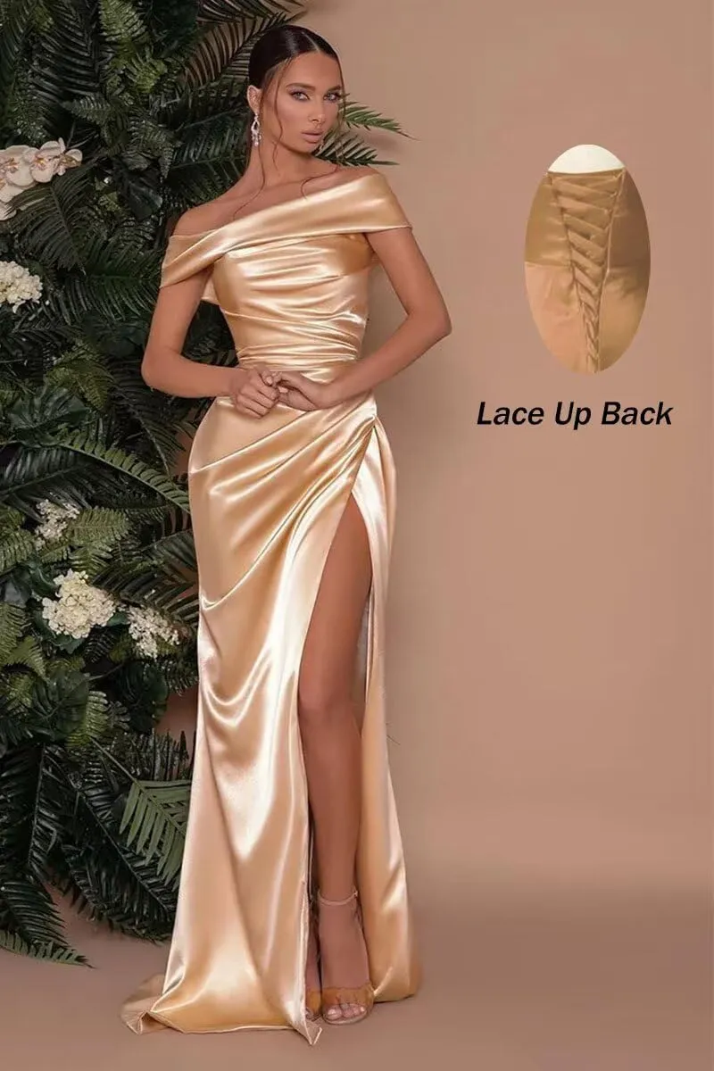 Off Shoulder Prom Dresses for Women Satin Long Mermaid 2024 Floor Length Formal Evening Party Gowns with Slit