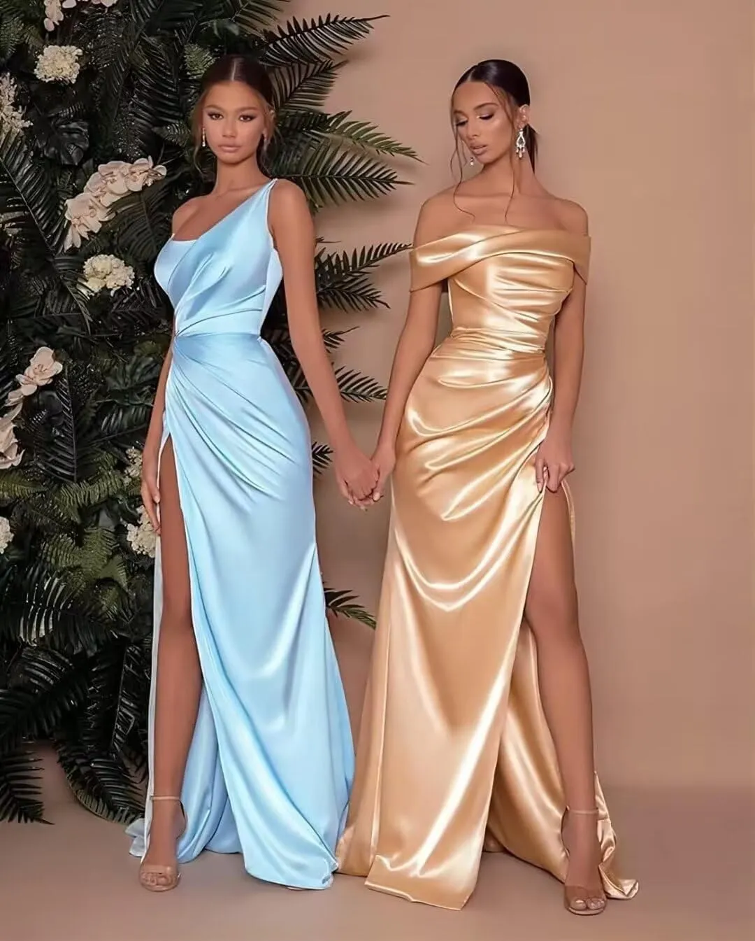 Off Shoulder Prom Dresses for Women Satin Long Mermaid 2024 Floor Length Formal Evening Party Gowns with Slit