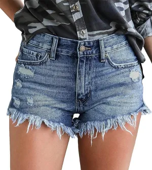 onlypuff Women's Ripped Mid Waisted Denim Shorts with Pockets