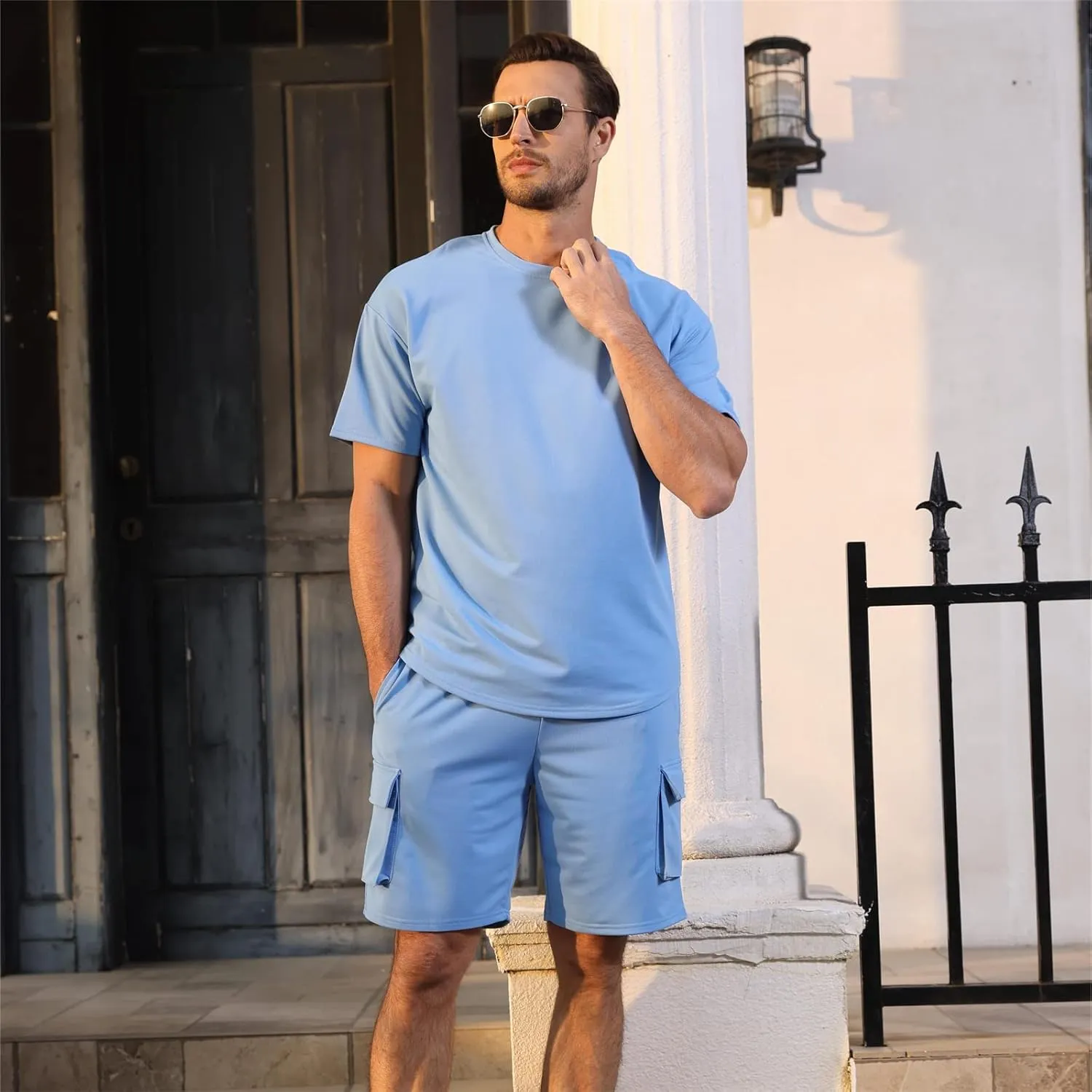 Opomelo Mens Short Sets 2 Piece Outfits - Casual Summer Short Sleeve Sweatsuits Sets for Men with Cargo Pocket