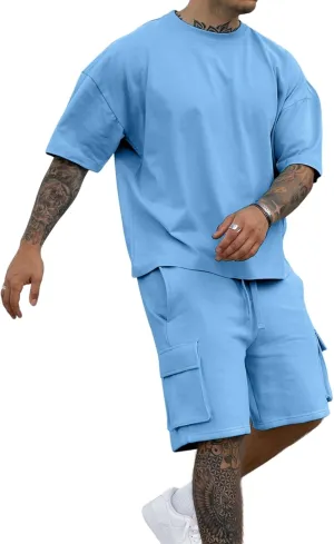 Opomelo Mens Short Sets 2 Piece Outfits - Casual Summer Short Sleeve Sweatsuits Sets for Men with Cargo Pocket