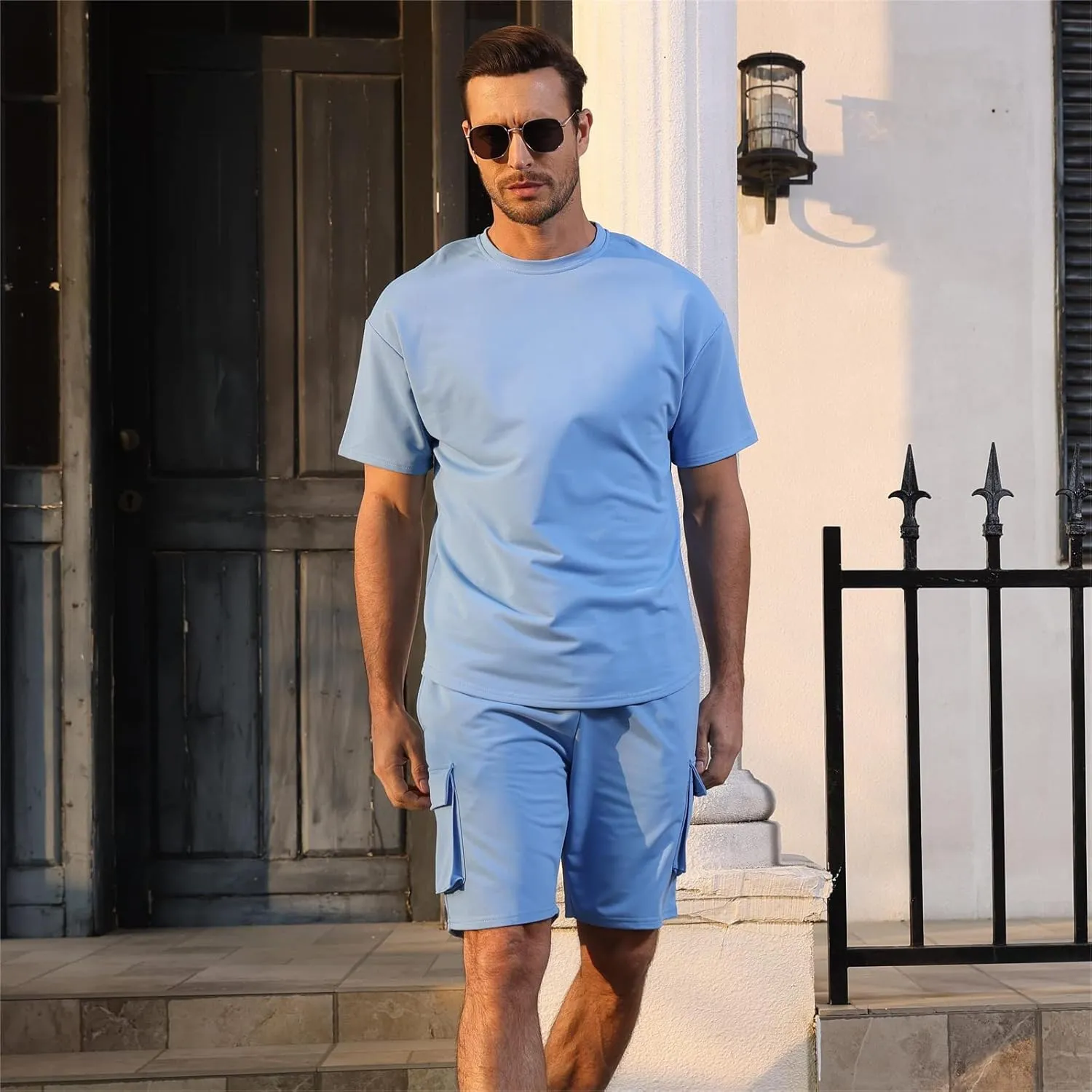 Opomelo Mens Short Sets 2 Piece Outfits - Casual Summer Short Sleeve Sweatsuits Sets for Men with Cargo Pocket