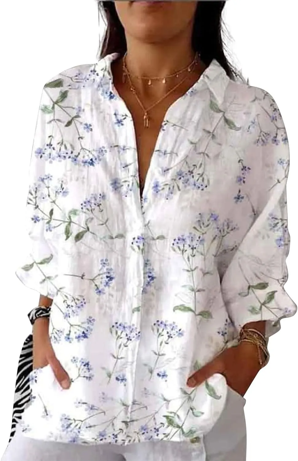 Otime Womens Tops Retro Art Flower Printed Shirt Art Printed Casual Imitation V-Neck 3/4 Length Sleeve Womens Tops