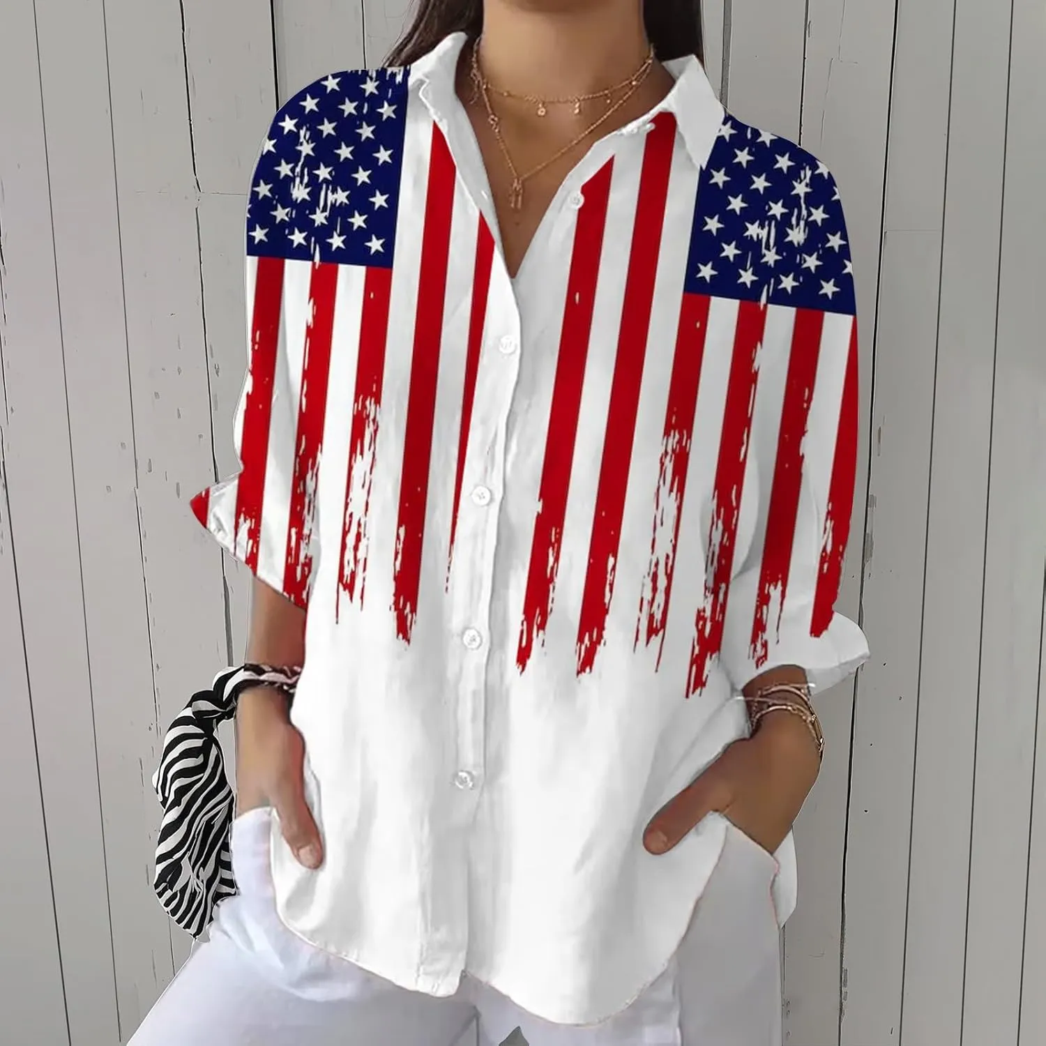 Otime Womens Tops Retro Art Flower Printed Shirt Art Printed Casual Imitation V-Neck 3/4 Length Sleeve Womens Tops