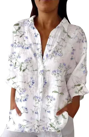 Otime Womens Tops Retro Art Flower Printed Shirt Art Printed Casual Imitation V-Neck 3/4 Length Sleeve Womens Tops