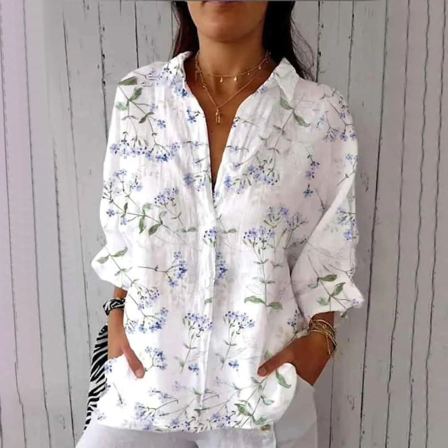 Otime Womens Tops Retro Art Flower Printed Shirt Art Printed Casual Imitation V-Neck 3/4 Length Sleeve Womens Tops