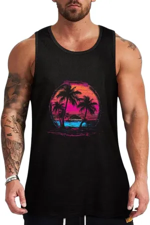 Palm Trees Vintage Sunrise Mens Tank Top Cotton Undershirt Crewneck Sleeveless Shirt for Summer