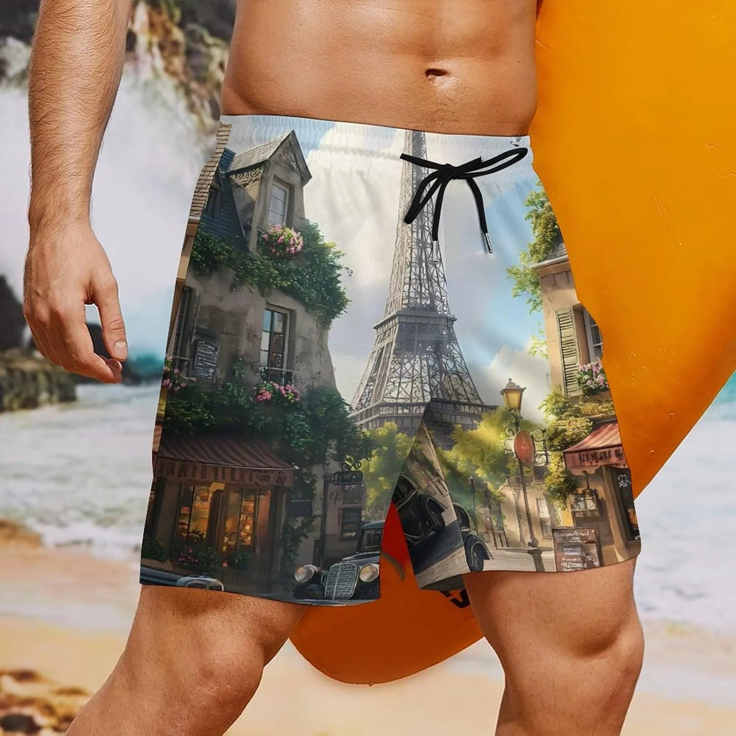 Paris Street Casual Beach Shorts for Men Elastic Waist Drawstring Swim Shorts With Compression Liner