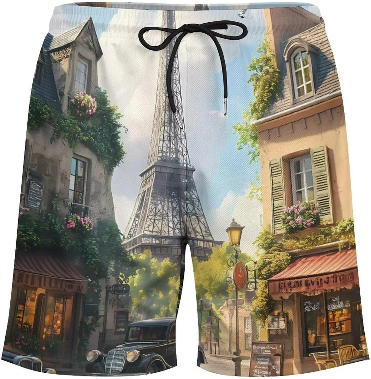 Paris Street Casual Beach Shorts for Men Elastic Waist Drawstring Swim Shorts With Compression Liner