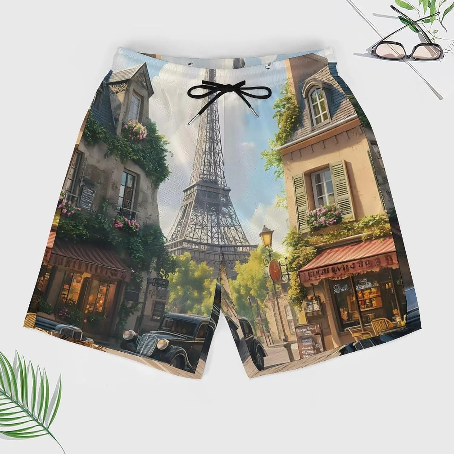 Paris Street Casual Beach Shorts for Men Elastic Waist Drawstring Swim Shorts With Compression Liner