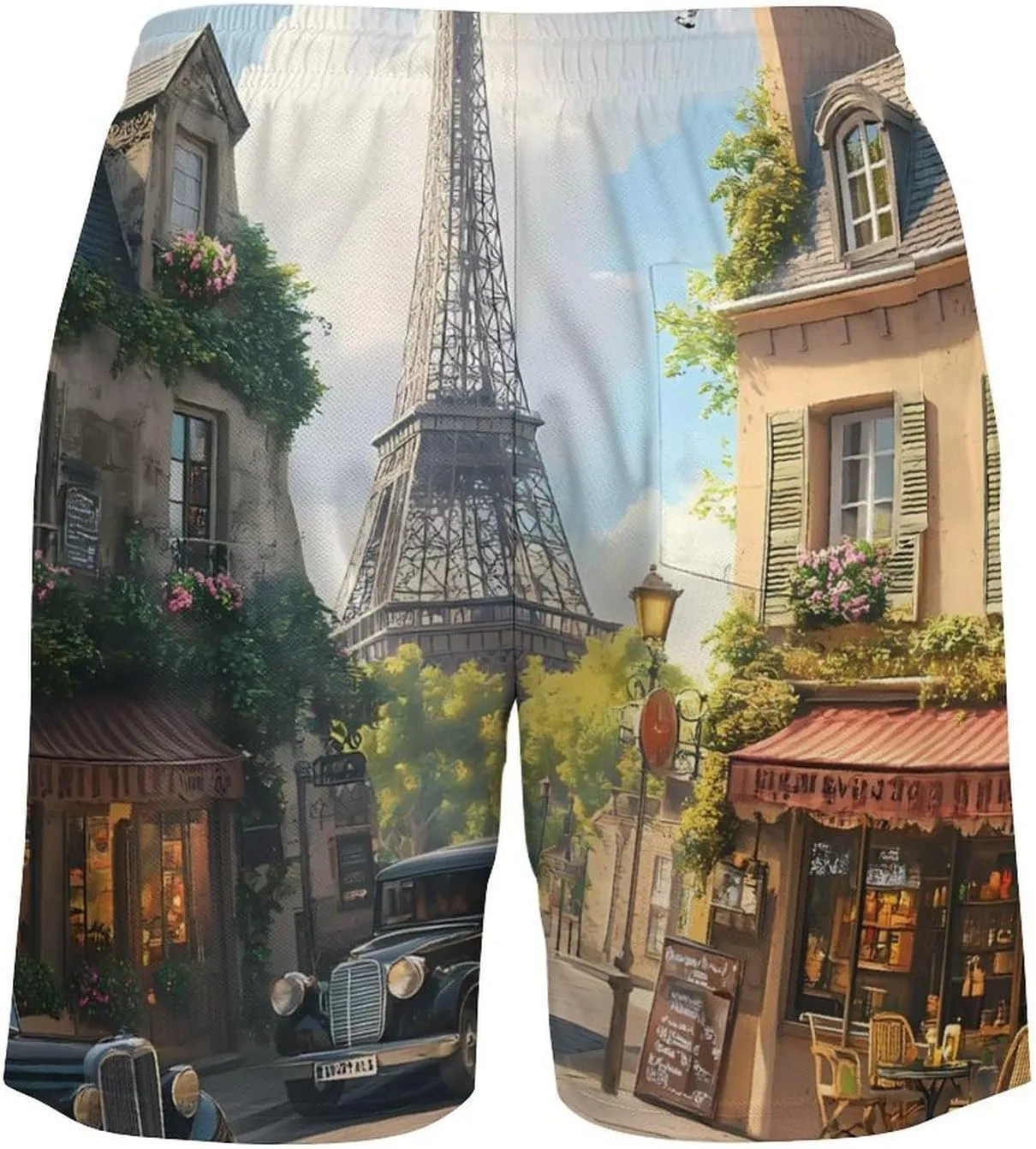 Paris Street Casual Beach Shorts for Men Elastic Waist Drawstring Swim Shorts With Compression Liner
