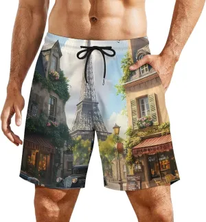 Paris Street Casual Beach Shorts for Men Elastic Waist Drawstring Swim Shorts With Compression Liner