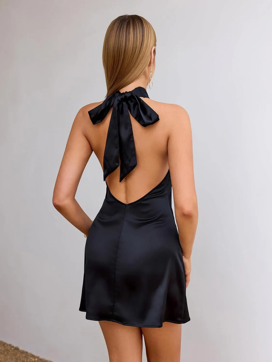 Parthea Womens Sleeveless Satin Silk Mini Dress Backless Halter Neck Tie Bow Elegant Club Party Going Out Dresses