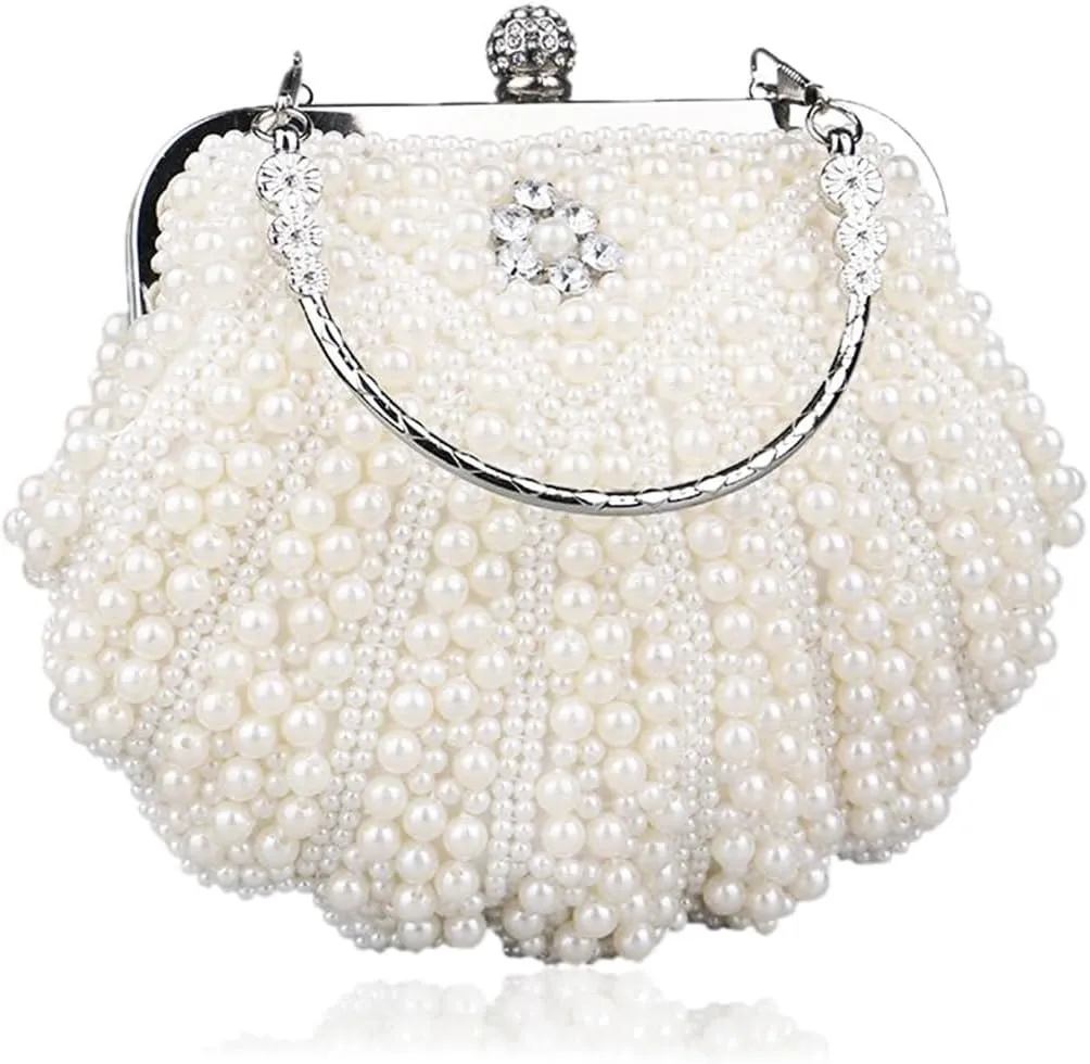 Pearl Bead Women Evening Bag Bead Rhinestone Wedding Party Clutch Purse With Chain