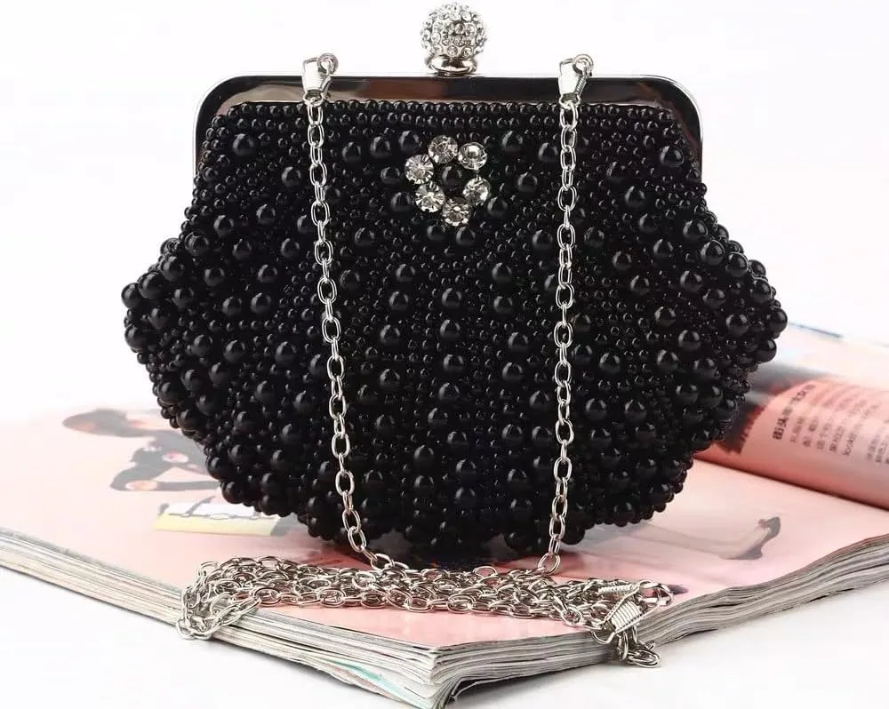 Pearl Bead Women Evening Bag Bead Rhinestone Wedding Party Clutch Purse With Chain