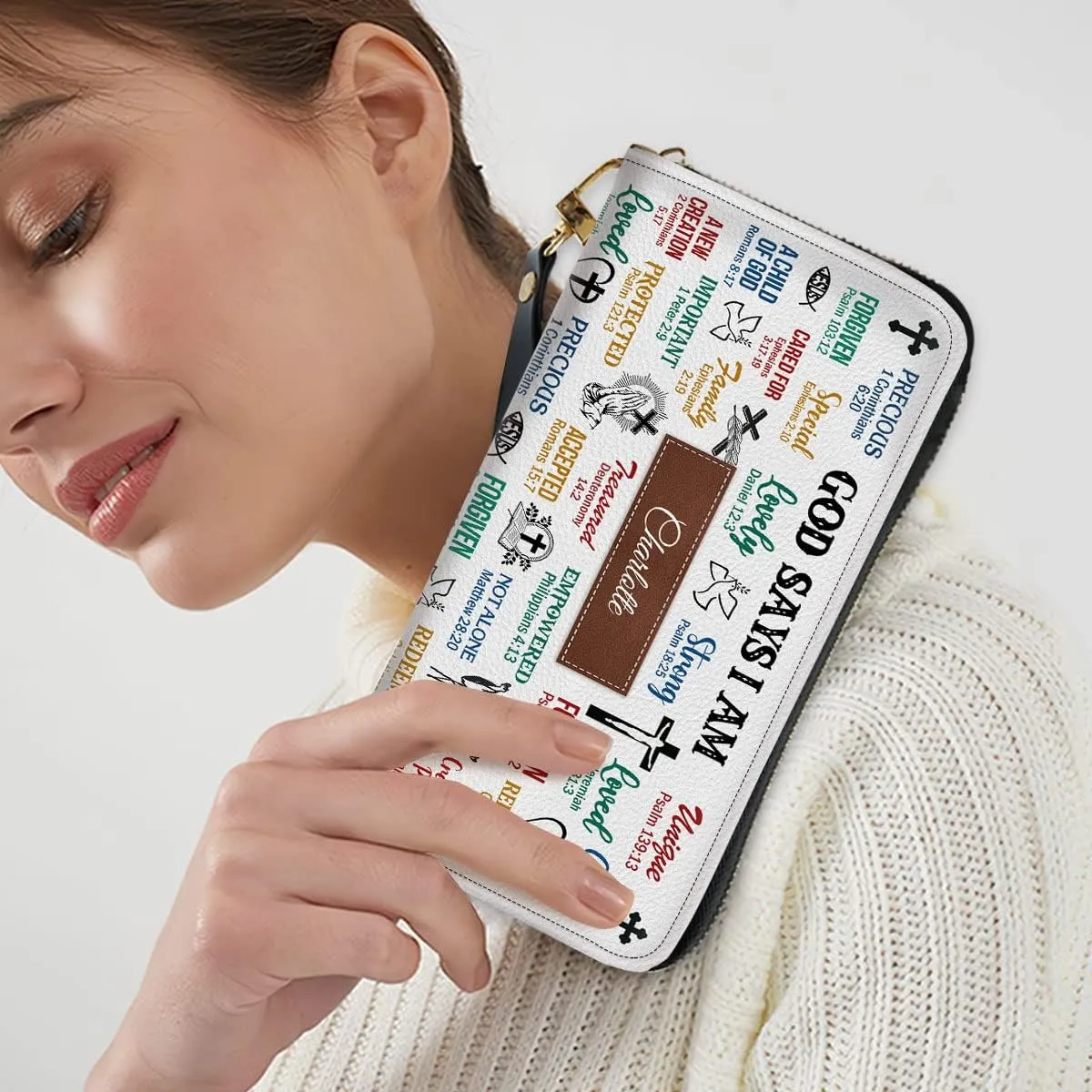 Personalized PU Leather Bible Clutch Purse - God Says I Am - Christian Gifts For Church Ladies - Religious Wristlet Wallets - Bible Fossil Purse For Women
