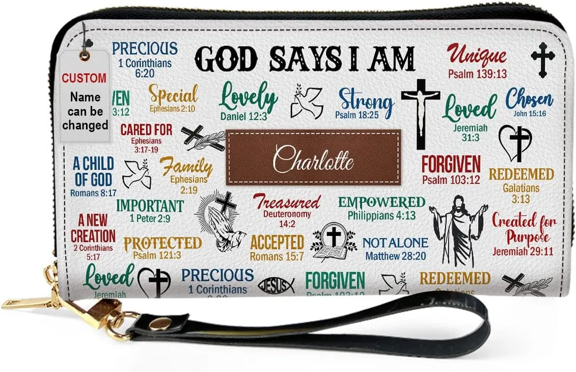 Personalized PU Leather Bible Clutch Purse - God Says I Am - Christian Gifts For Church Ladies - Religious Wristlet Wallets - Bible Fossil Purse For Women