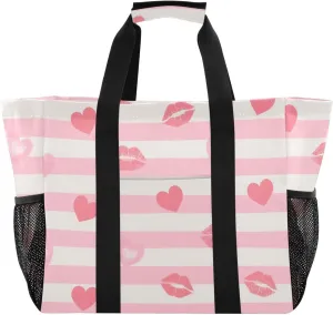 Pink White Stripes Heart Lip Love Utility Storage Bag Foldable Beach Tote Bag Waterproof Reusable Bags For Groceries with Handles Totes Bags For Car
