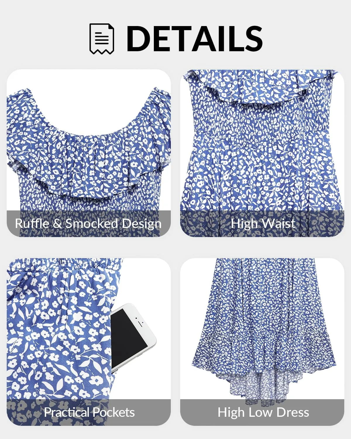 Pinup Fashion Plus Size Summer Dresses - Off Shoulder Ruffle Boho Casual High Low Smocked Dress with Pockets