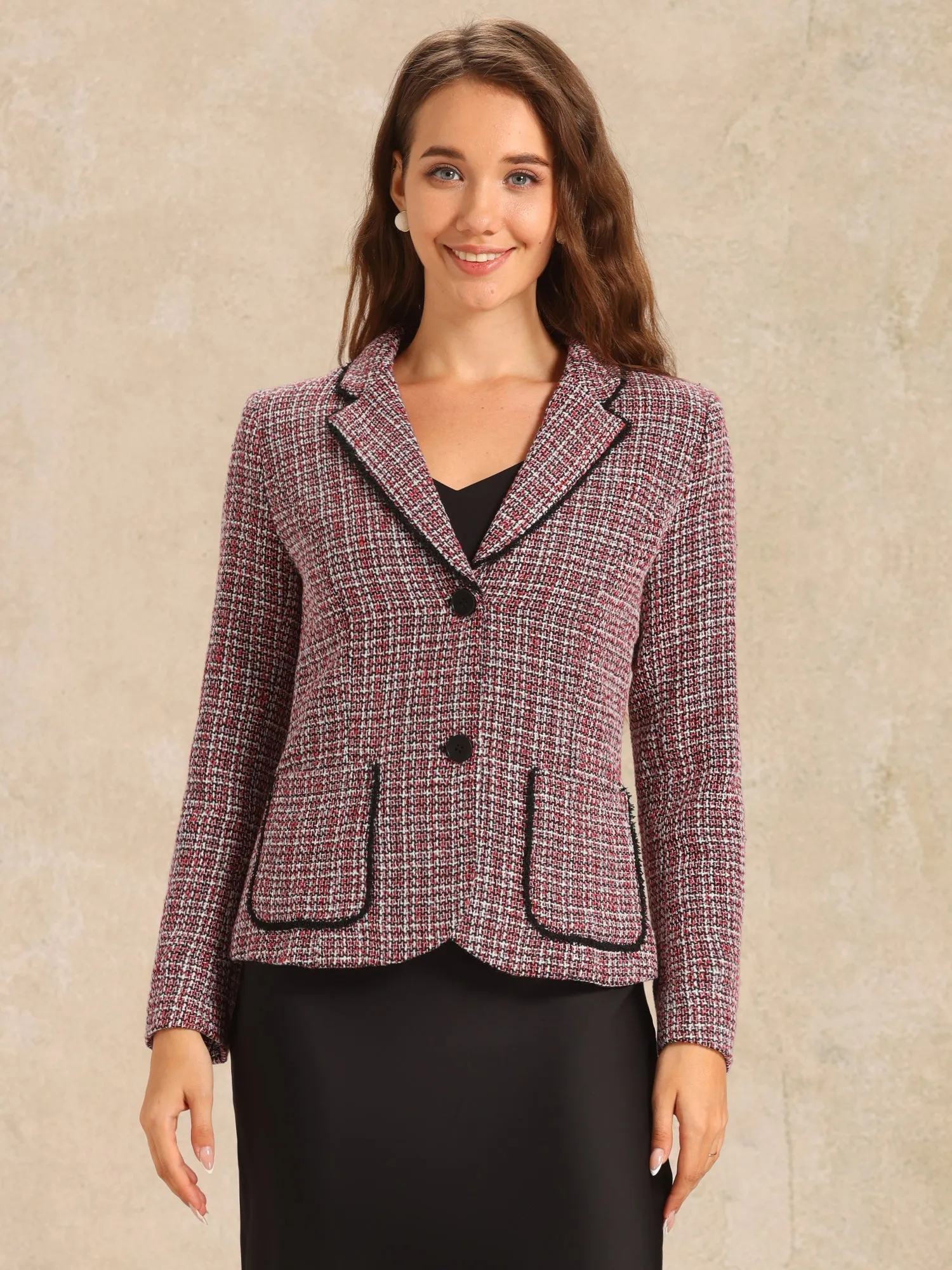 Plaid Tweed Notched Lapel Button Long Sleeve Blazer Jackets