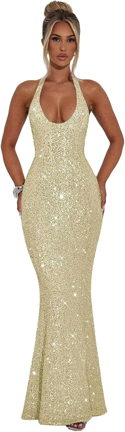 POMUYOO Halter Sequin Prom Dresses for Women Sparkly Corset Mermaid Formal Evening Cocktail Party Gowns Long