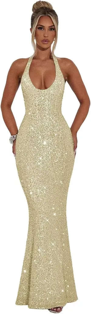 POMUYOO Halter Sequin Prom Dresses for Women Sparkly Corset Mermaid Formal Evening Cocktail Party Gowns Long