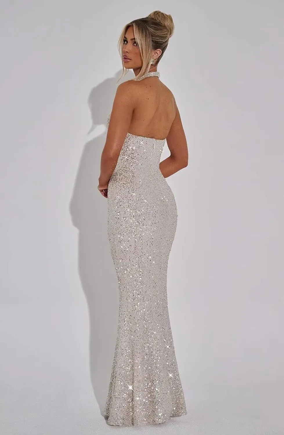 POMUYOO Halter Sequin Prom Dresses for Women Sparkly Corset Mermaid Formal Evening Cocktail Party Gowns Long