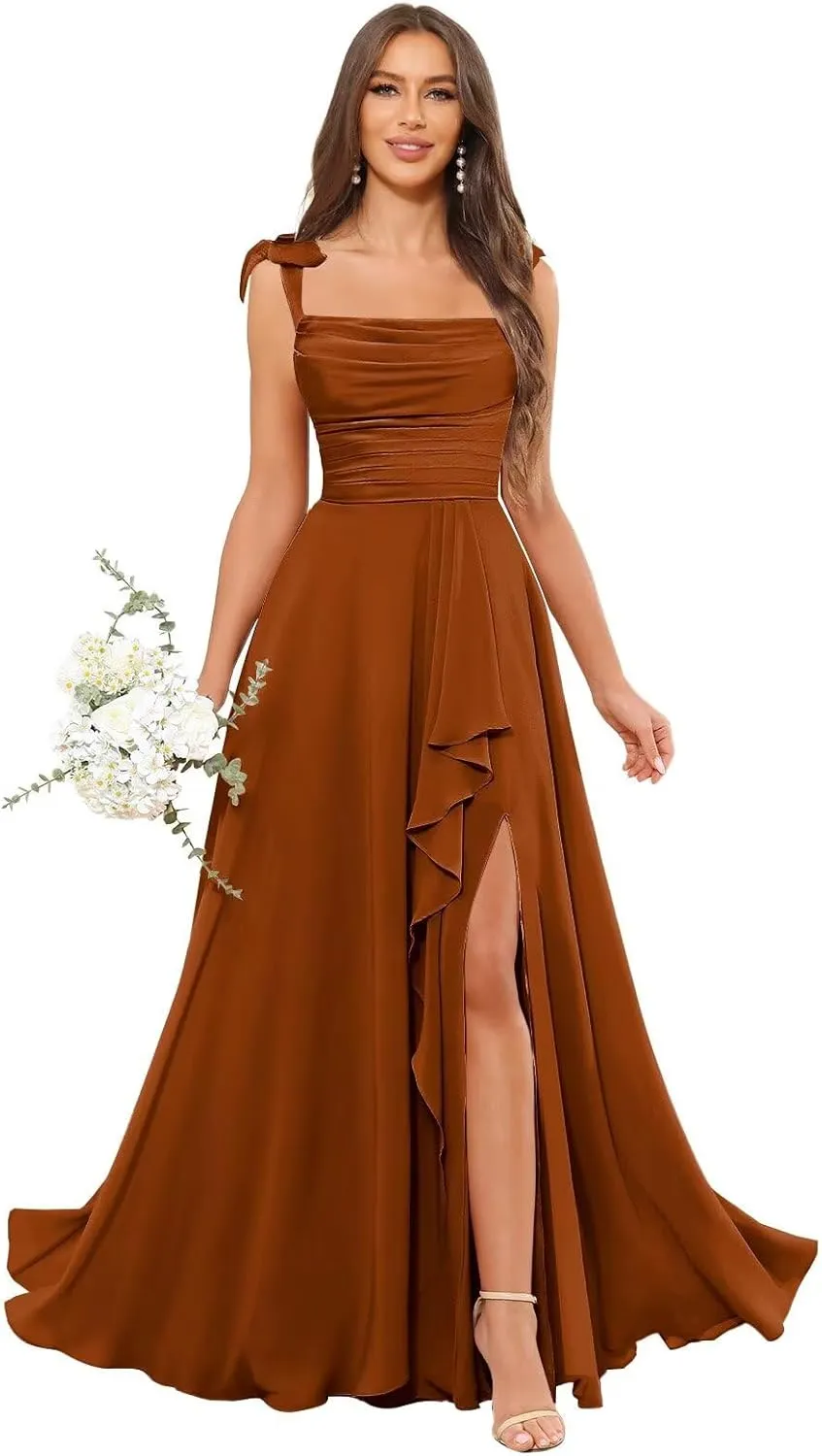POMUYOO Spaghetti Straps Chiffon Bridesmaid Dresses for Women Long Pleated Formal Evening Prom Party Gown