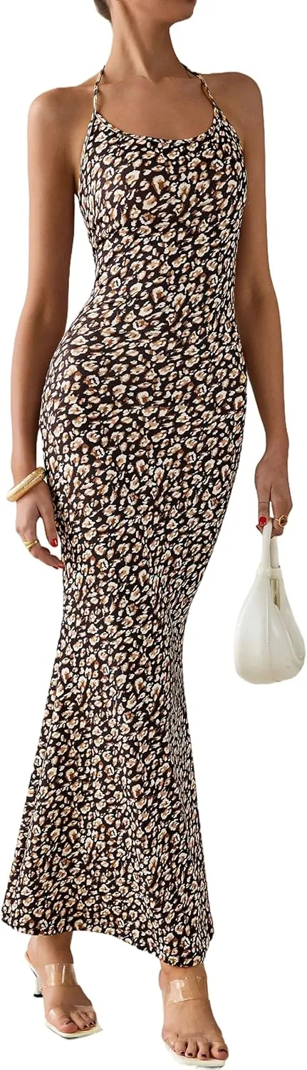 PRETTYGARDEN Maxi Dresses for Women 2025 Summer Halter Leopard Print Sleeveless Sexy Bodycon Cruise Cocktail Long Dress